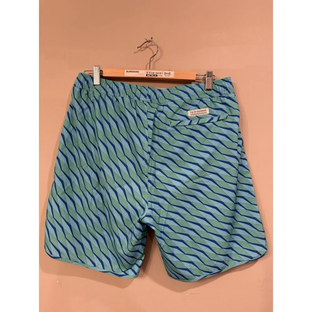 Fair Harbor Swim Trunks L Blue Green Stripe Compression‎ Lined Shorts